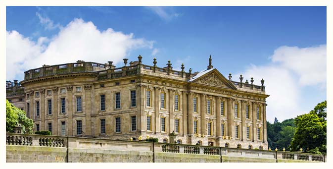 Chatsworth House... The magnificent home of the Duke and Duchess of Devonshire, remodelled to designs by Talman 1686-1707. Standing on the east bank of the River Derwent, Chatsworth looks across to the low hills that divide the Derwent and Wye valleys. The house, set in expansive parkland and backed by wooded, rocky hills rising to heather moorland, contains a unique collection of priceless paintings, furniture, Old Master drawings, neoclassical sculptures, books and other artefacts. Click to view...