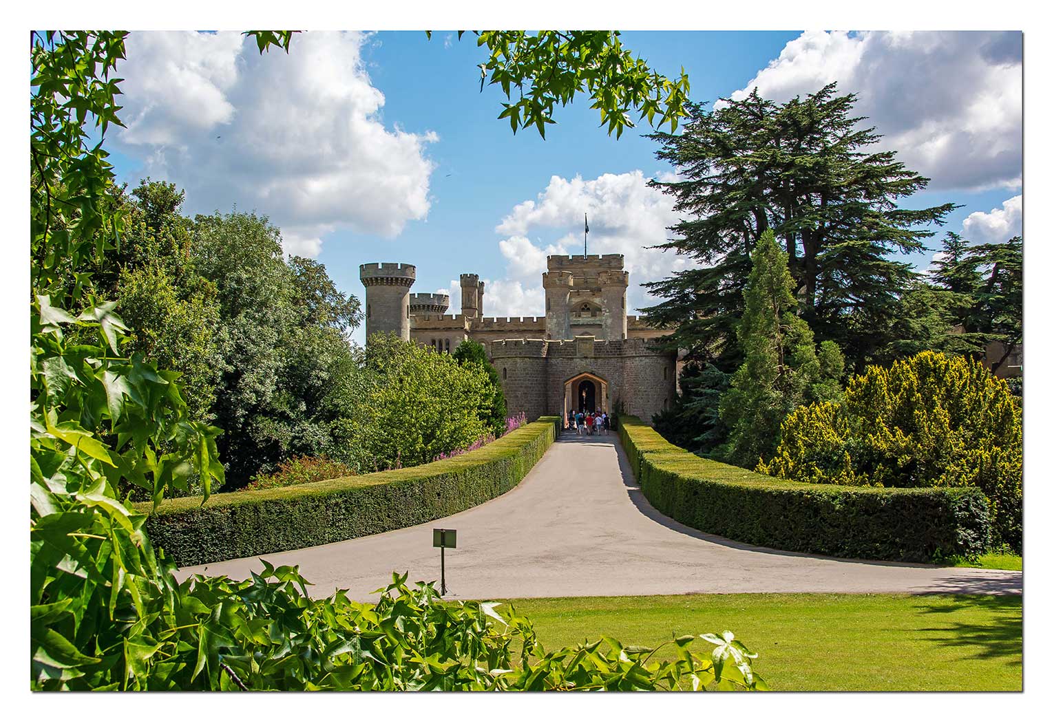 Eastnor Castle is a 19th-century mock or revival castle, two miles from the town of Ledbury in Herefordshire, England, by the village of Eastnor.
