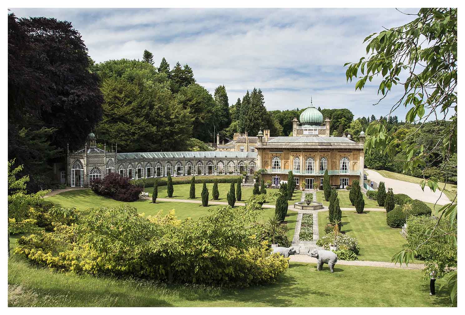 At Sezincote House and Garden the Indian influence is seen in the drive that goes over an Indian Bridge with statues of bulls. Water features include a temple pool, Canal, stream bordered with bog loving plants.